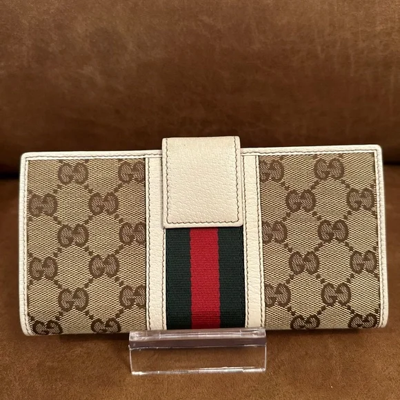 Gucci Ivory Leather/Canvas Monogram with Sherry Line Bifold Long Wallet - Picture 3 of 16